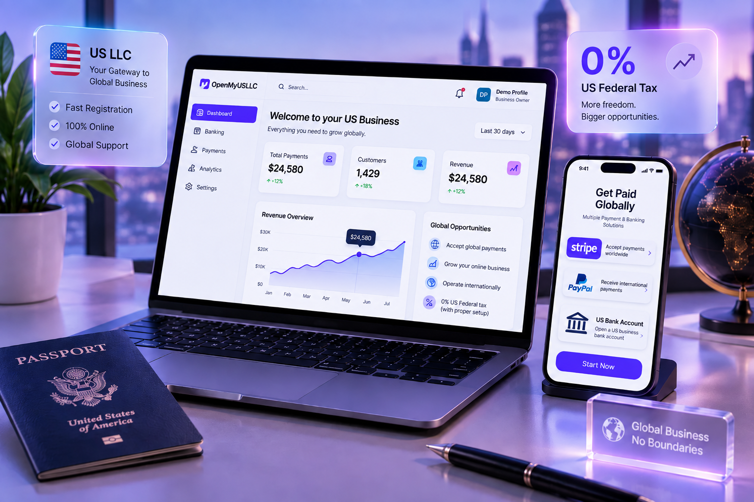 US LLC business dashboard on a laptop and phone showing global payments